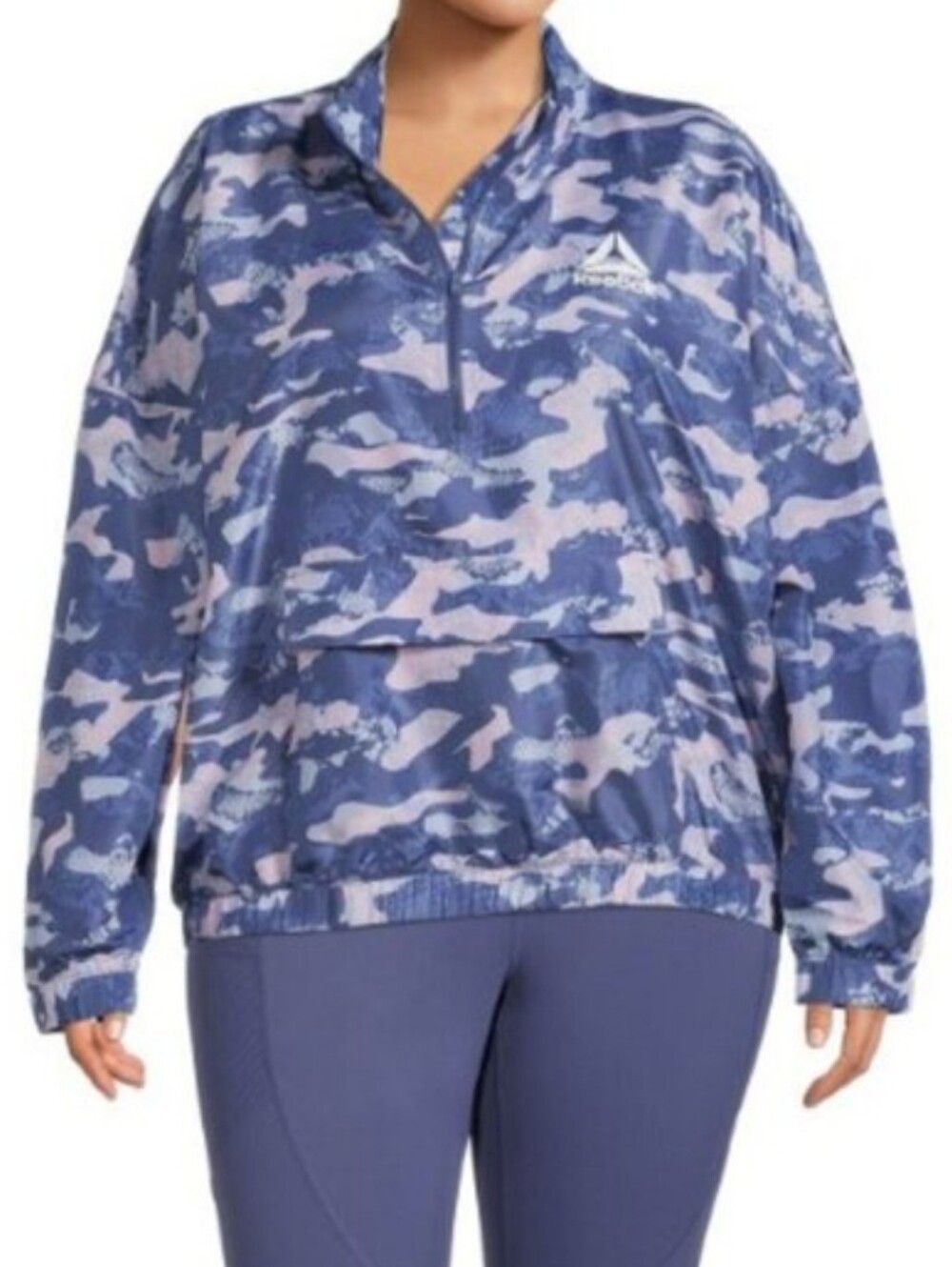 Reebok Relaxed Windbreaker Blue & Pink Camo 1/4 Zip Front Pocket, Size 2X